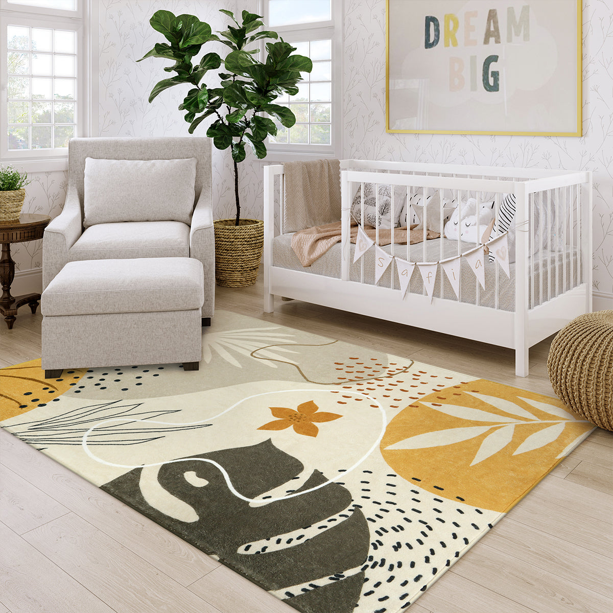 Kiki Washable Modern Botanical Leaf Print Khaki Area Rug Area Rugs Lahome 5' x 7'