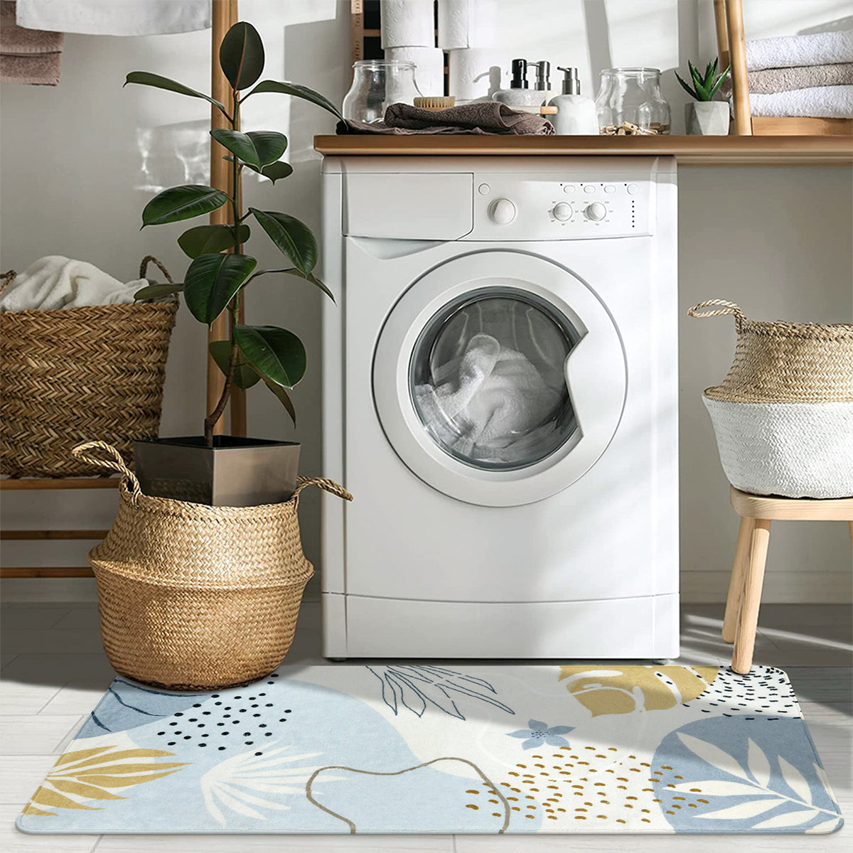 Kiki Washable Modern Botanical Leaf Print Blue Area Rug Area Rugs Lahome