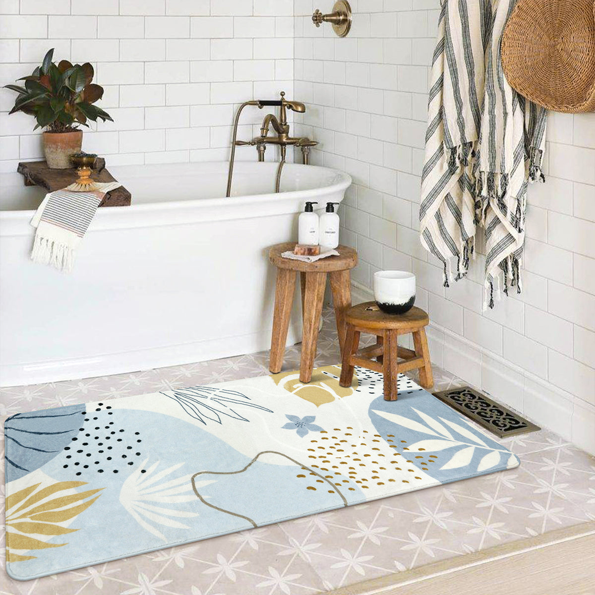 Kiki Washable Modern Botanical Leaf Print Blue Area Rug Area Rugs Lahome