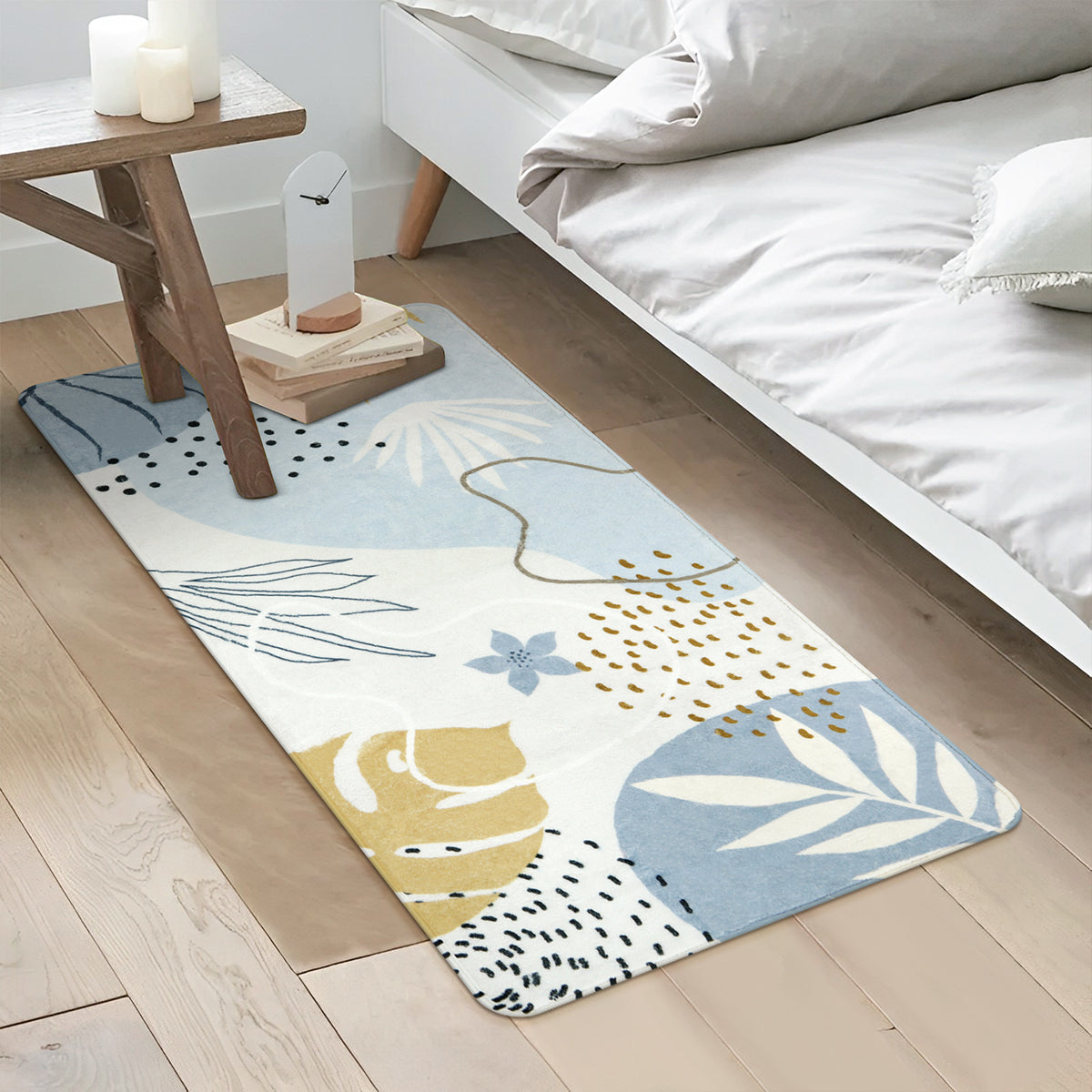 Kiki Washable Modern Botanical Leaf Print Blue Area Rug Area Rugs Lahome