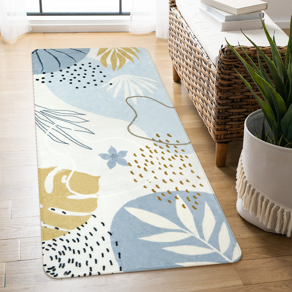 Kiki Washable Modern Botanical Leaf Print Blue Area Rug Area Rugs Lahome
