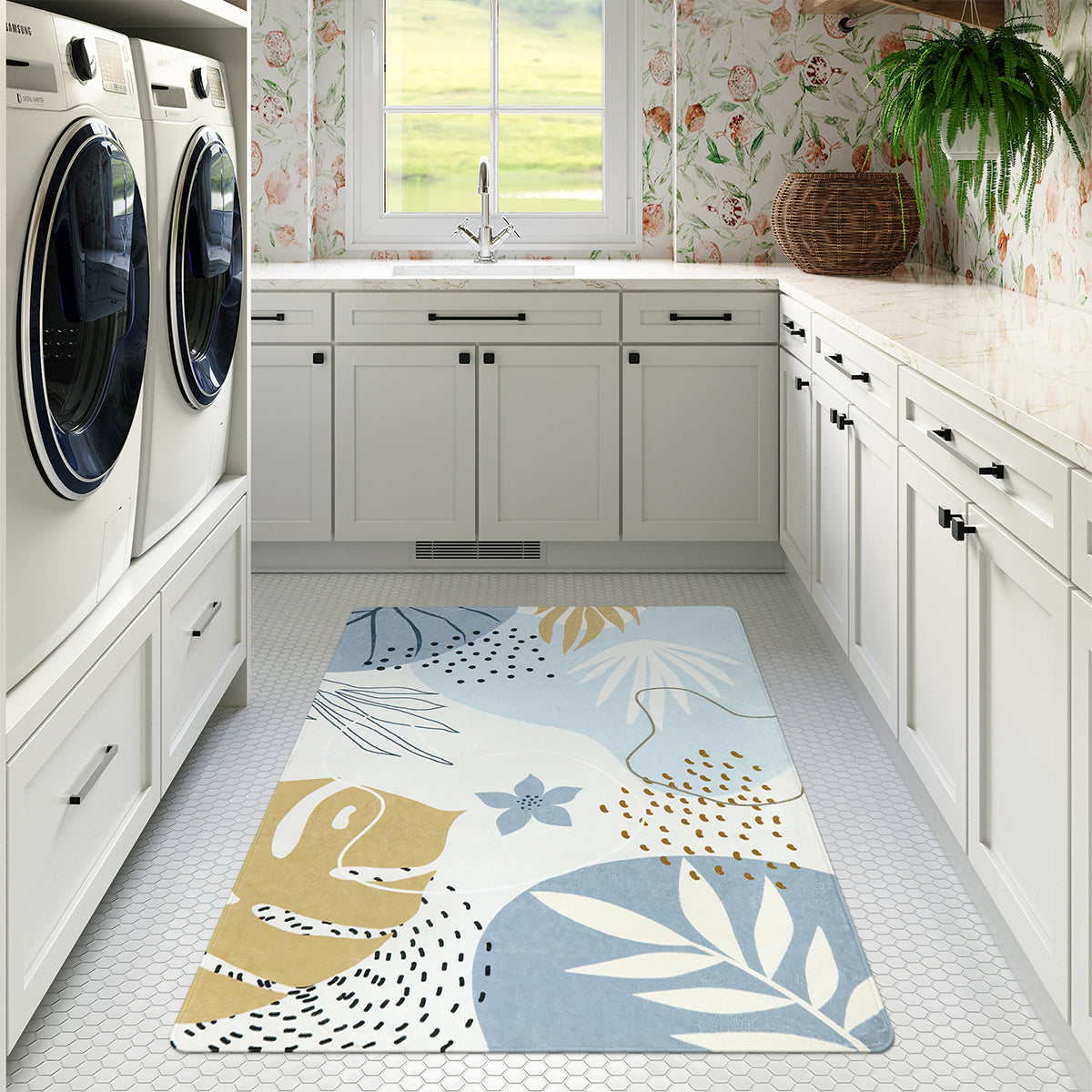Kiki Washable Modern Botanical Leaf Print Blue Area Rug Area Rugs Lahome