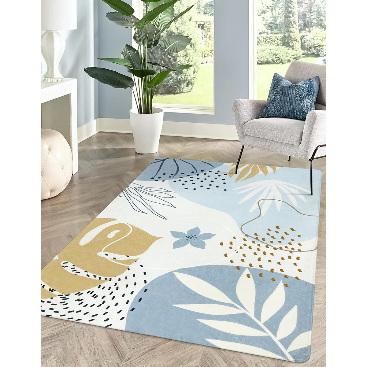 Kiki Washable Modern Botanical Leaf Print Blue Area Rug Area Rugs Lahome