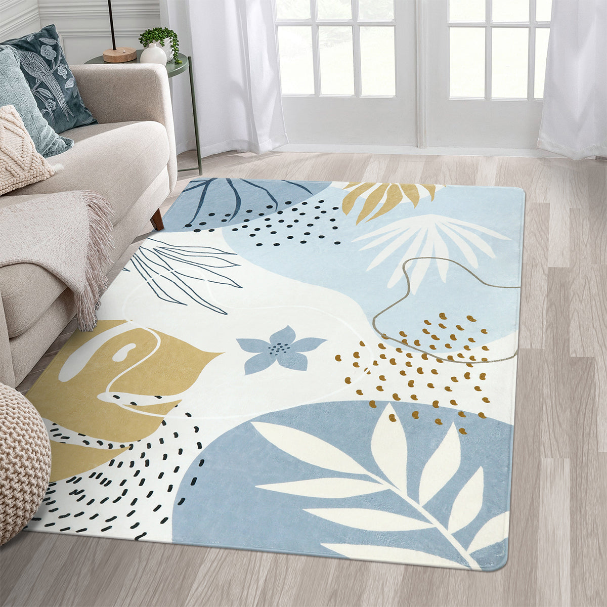Kiki Washable Modern Botanical Leaf Print Blue Area Rug Area Rugs Lahome