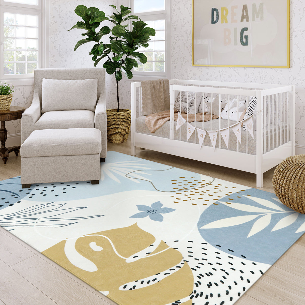 Kiki Washable Modern Botanical Leaf Print Blue Area Rug Area Rugs Lahome 5' x 7'