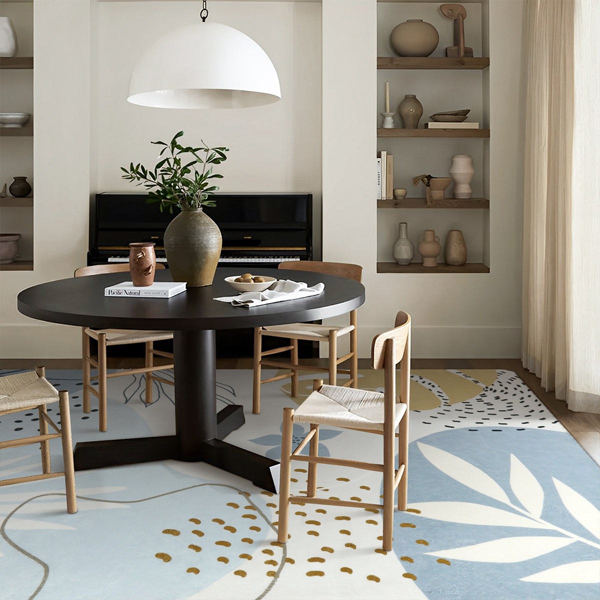 Kiki Washable Modern Botanical Leaf Print Blue Area Rug Area Rugs Lahome