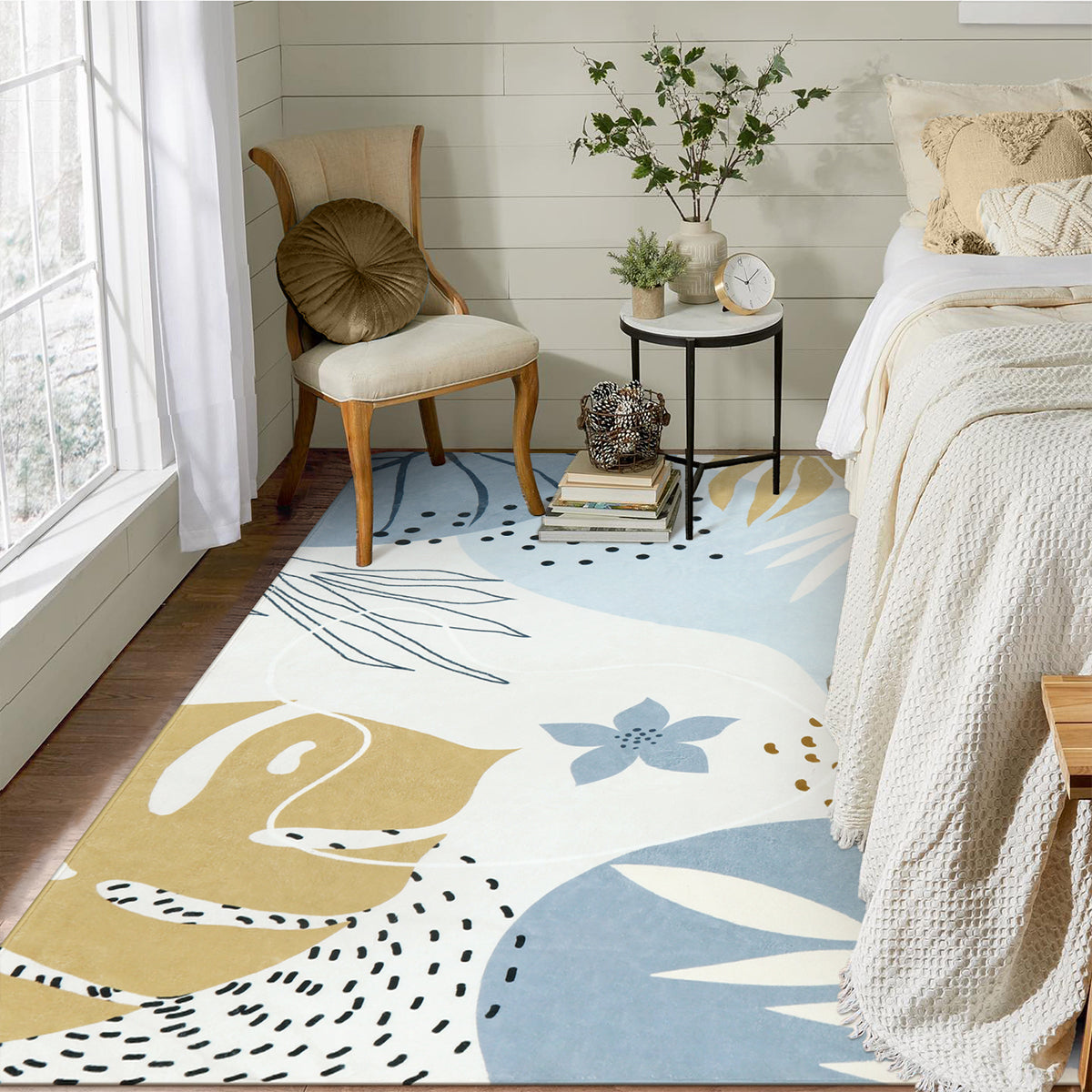 Kiki Washable Modern Botanical Leaf Print Blue Area Rug Area Rugs Lahome