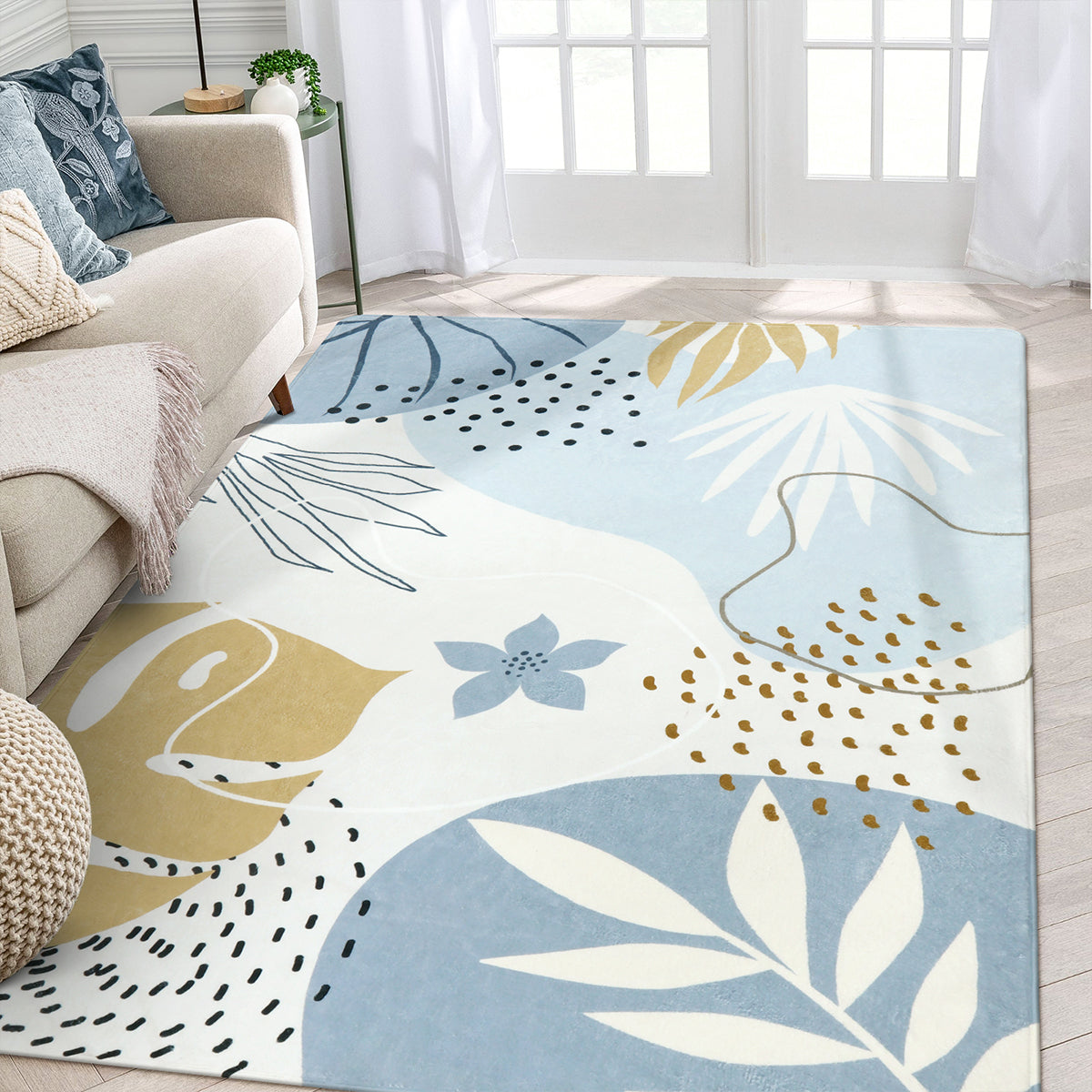 Kiki Washable Modern Botanical Leaf Print Blue Area Rug Area Rugs Lahome