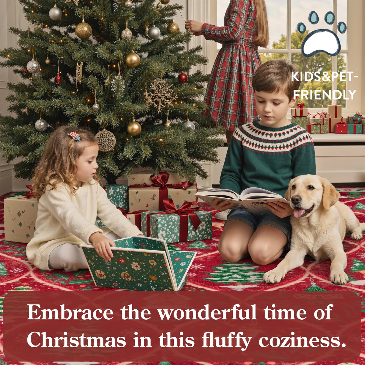 Glace Christmas Washable Tree and Reindeer Red Rug Area Rugs Lahome