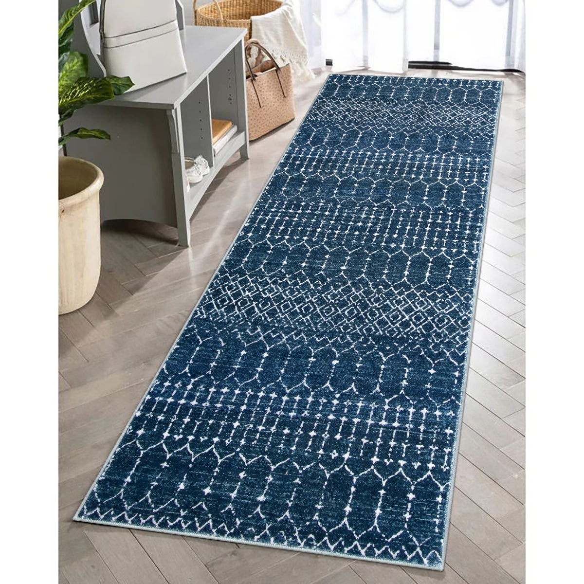 Hana Washable Moroccan Geometric Blue Rug Area Rugs Lahome 2' x 6'