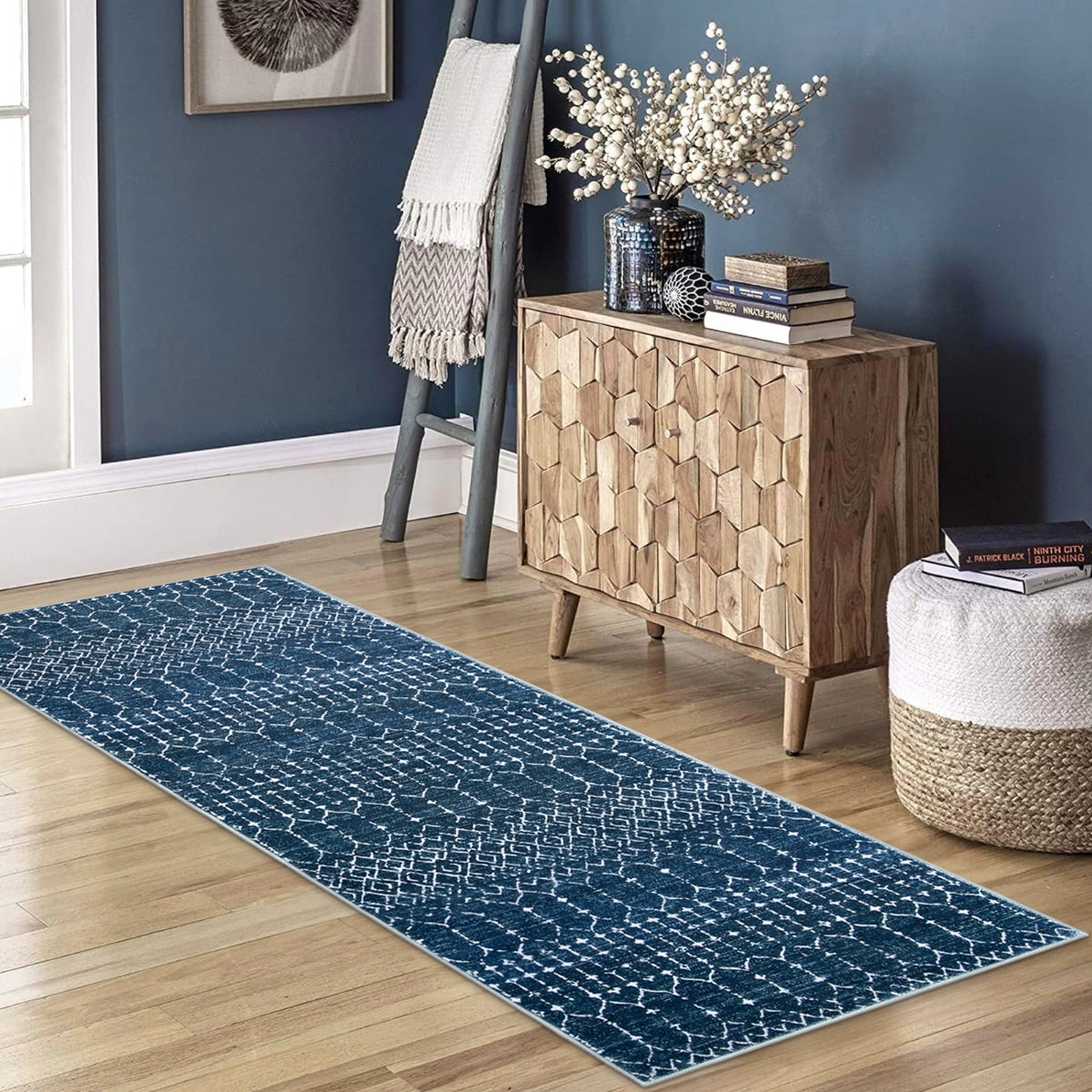 Hana Washable Moroccan Geometric Blue Rug Area Rugs Lahome