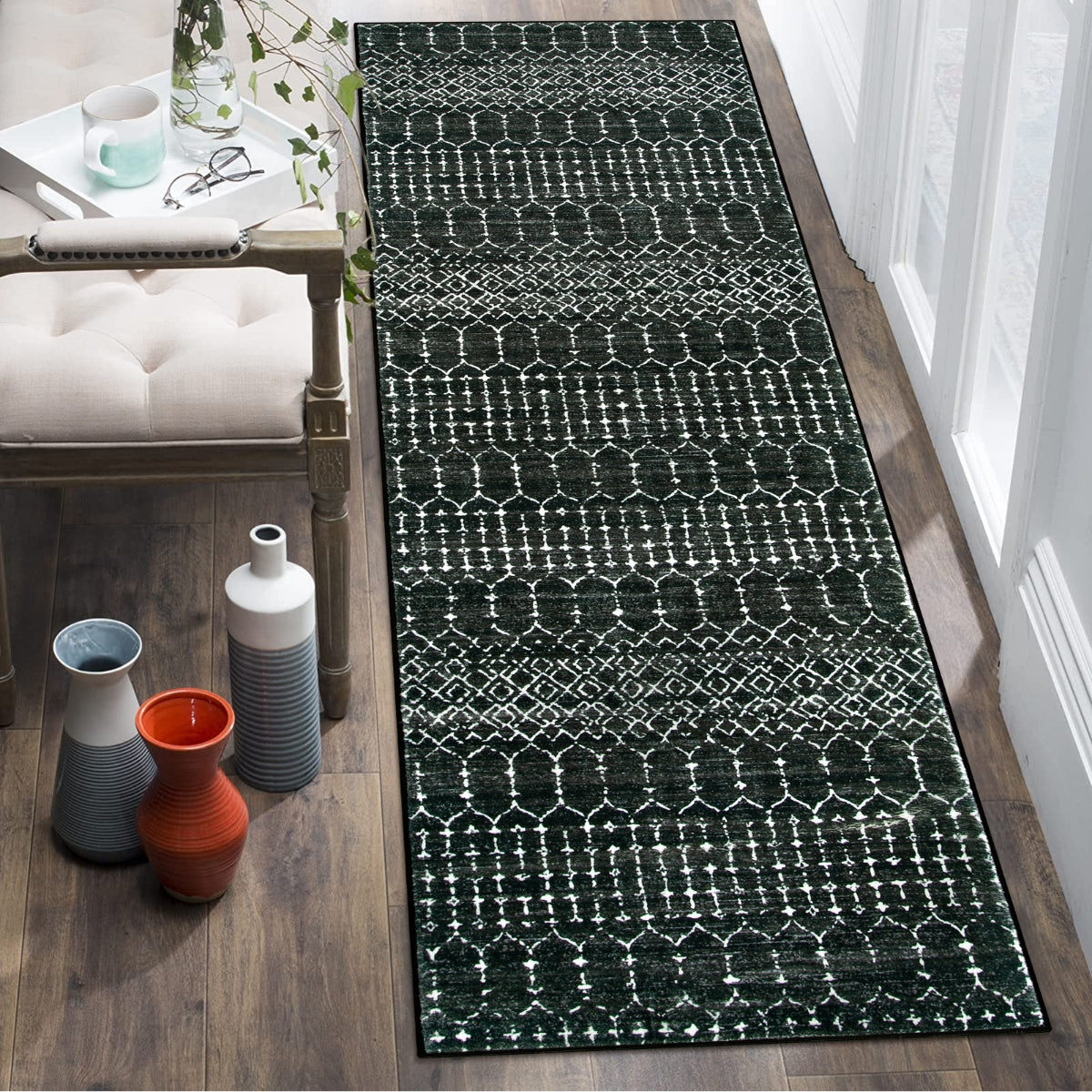 Hana Washable Moroccan Geometric Black Rug Area Rugs Lahome