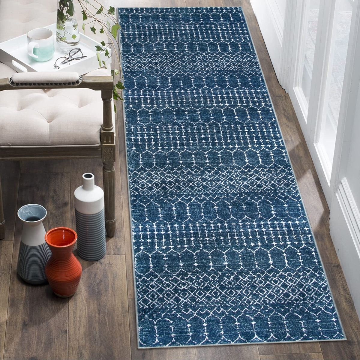Hana Washable Moroccan Geometric Blue Rug Area Rugs Lahome