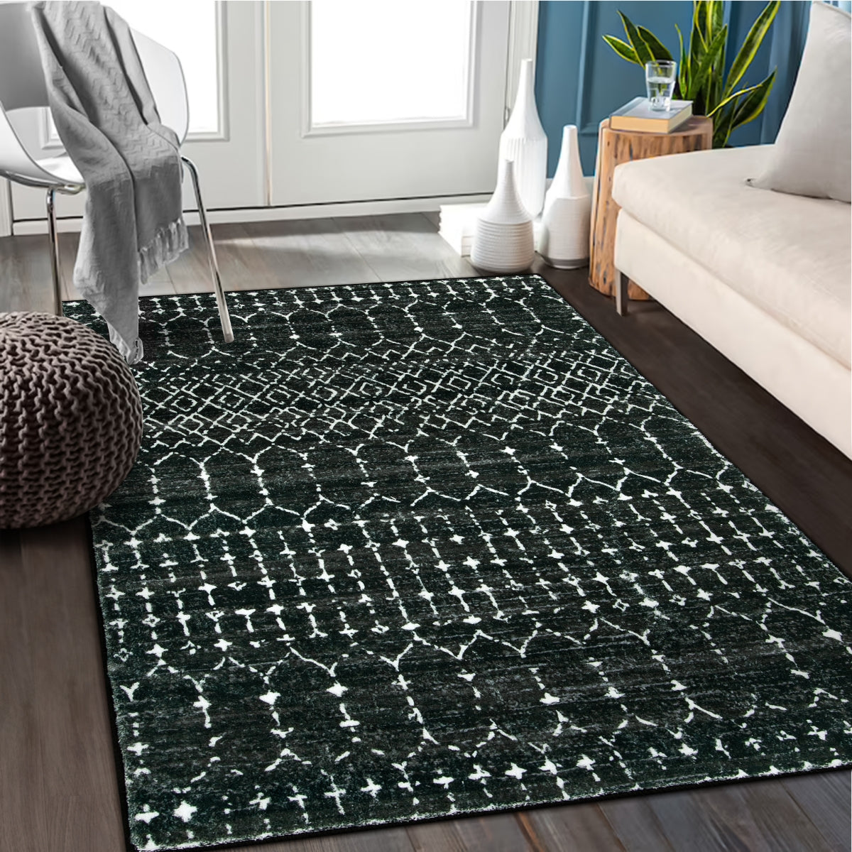 Hana Washable Moroccan Geometric Black Rug Area Rugs Lahome