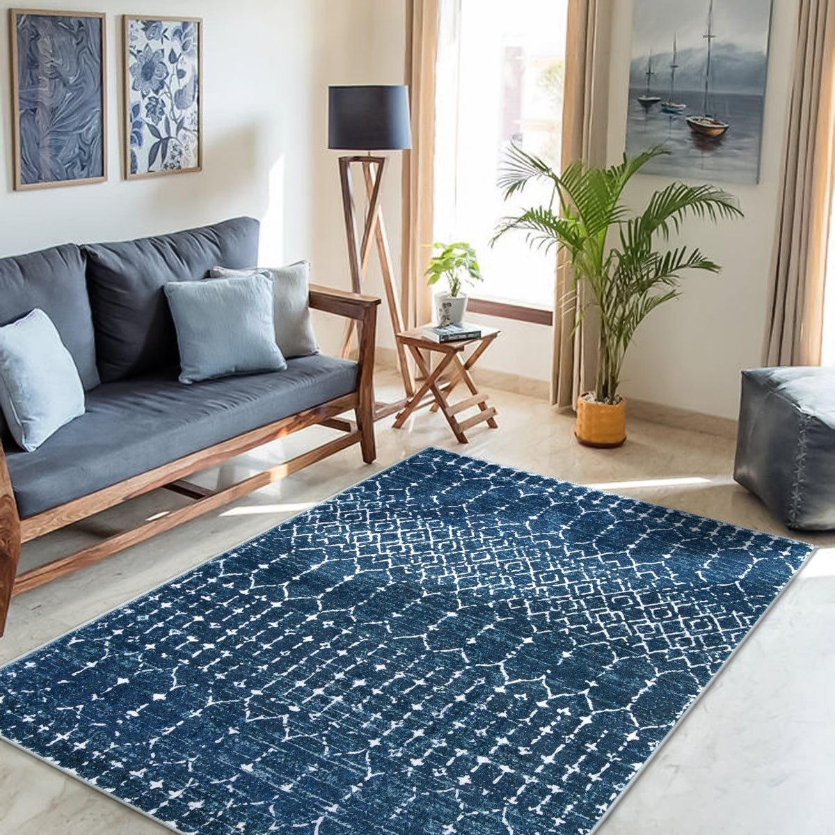 Hana Washable Moroccan Geometric Blue Rug Area Rugs Lahome