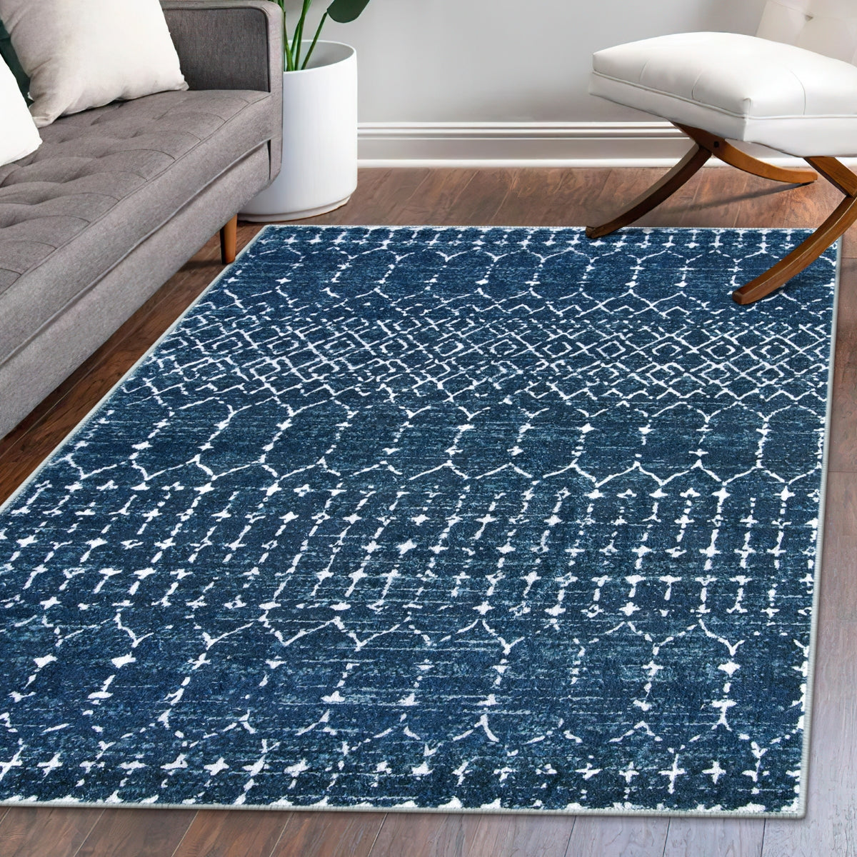Hana Washable Moroccan Geometric Blue Rug Area Rugs Lahome