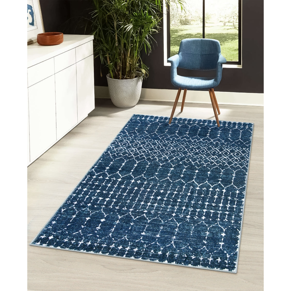 Hana Washable Moroccan Geometric Blue Rug Area Rugs Lahome