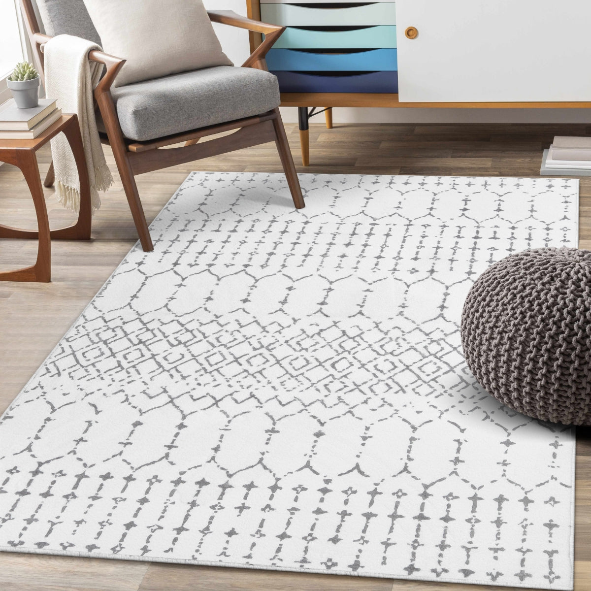 Hana Washable Moroccan Geometric White Rug Area Rugs Lahome 3' x 5'