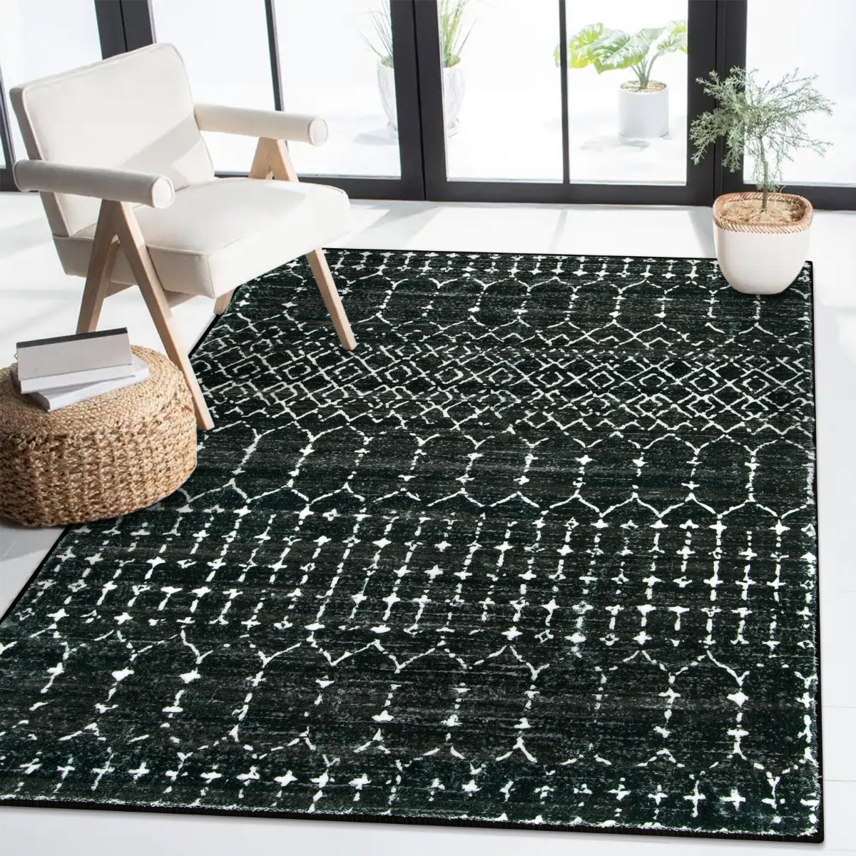 Hana Washable Moroccan Geometric Black Rug Area Rugs Lahome 4' x 6'