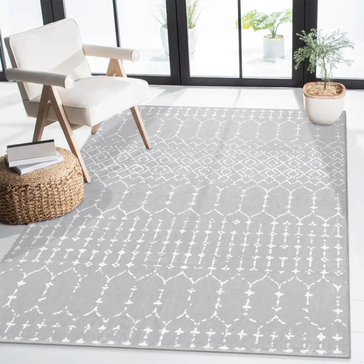 Hana Washable Moroccan Geometric Grey Area Rug Area Rugs Lahome 4' x 6'