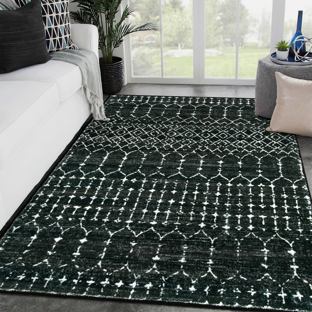Hana Washable Moroccan Geometric Black Rug Area Rugs Lahome 5' x 7'