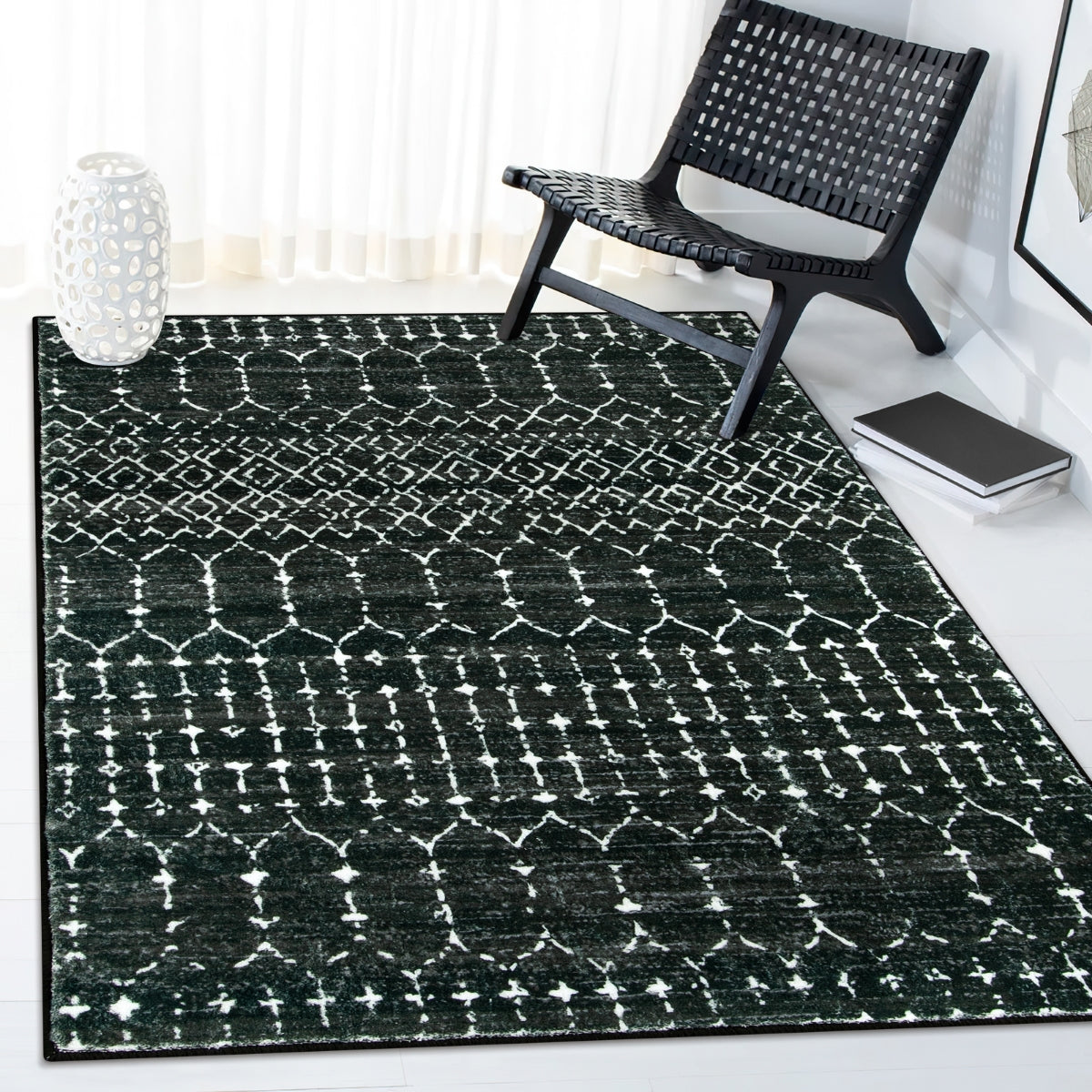Hana Washable Moroccan Geometric Black Rug Area Rugs Lahome