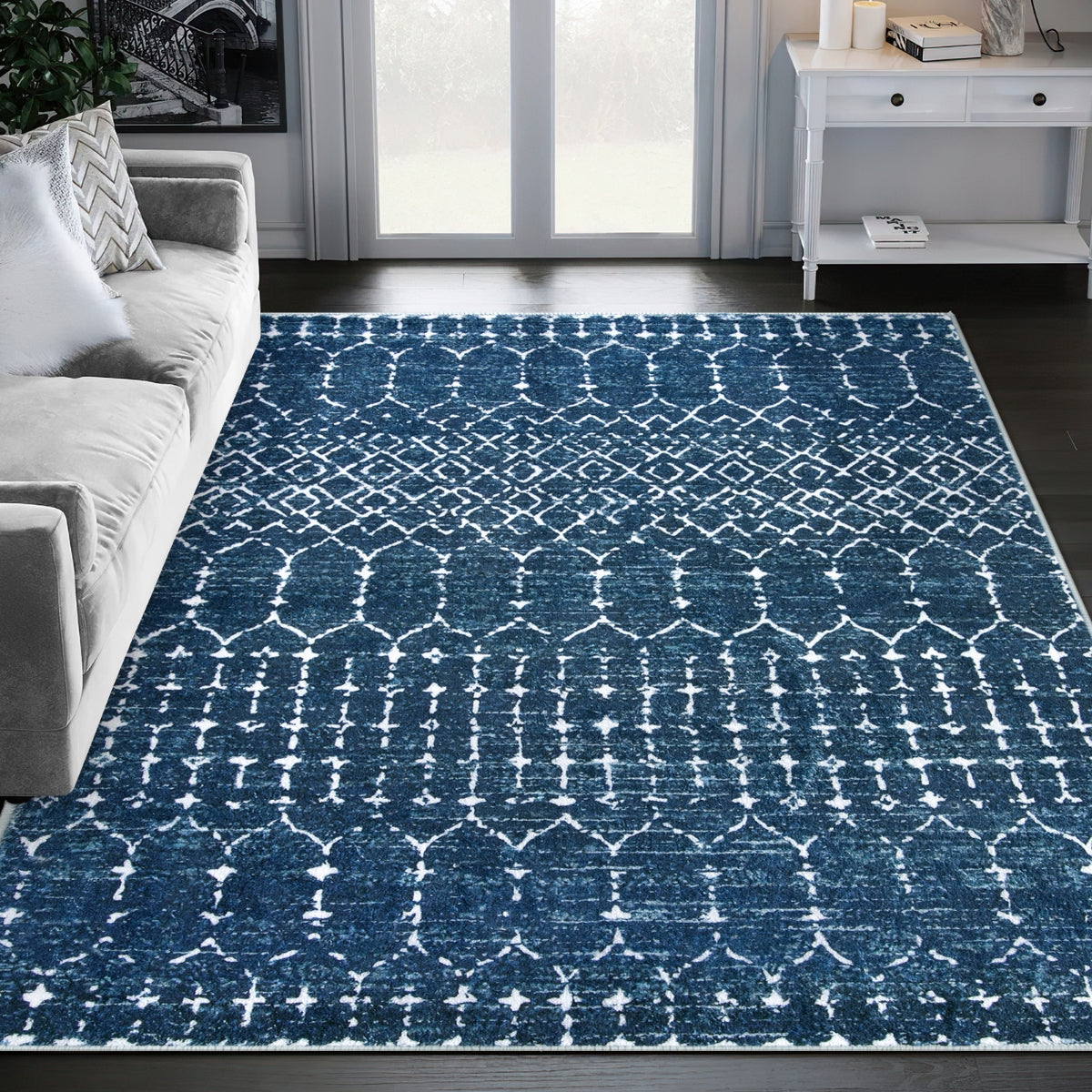 Hana Washable Moroccan Geometric Blue Rug Area Rugs Lahome