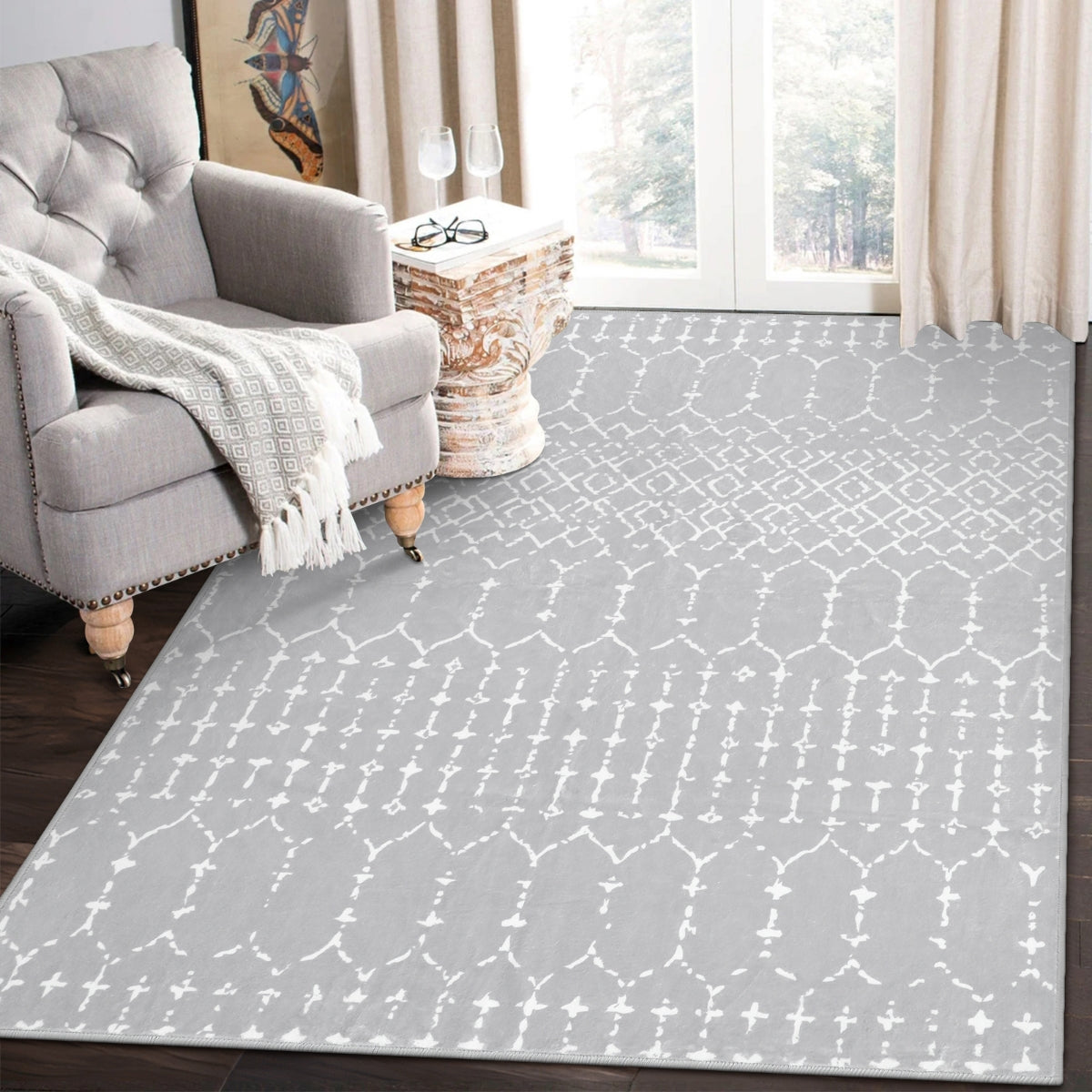 Hana Washable Moroccan Geometric Grey Area Rug Area Rugs Lahome