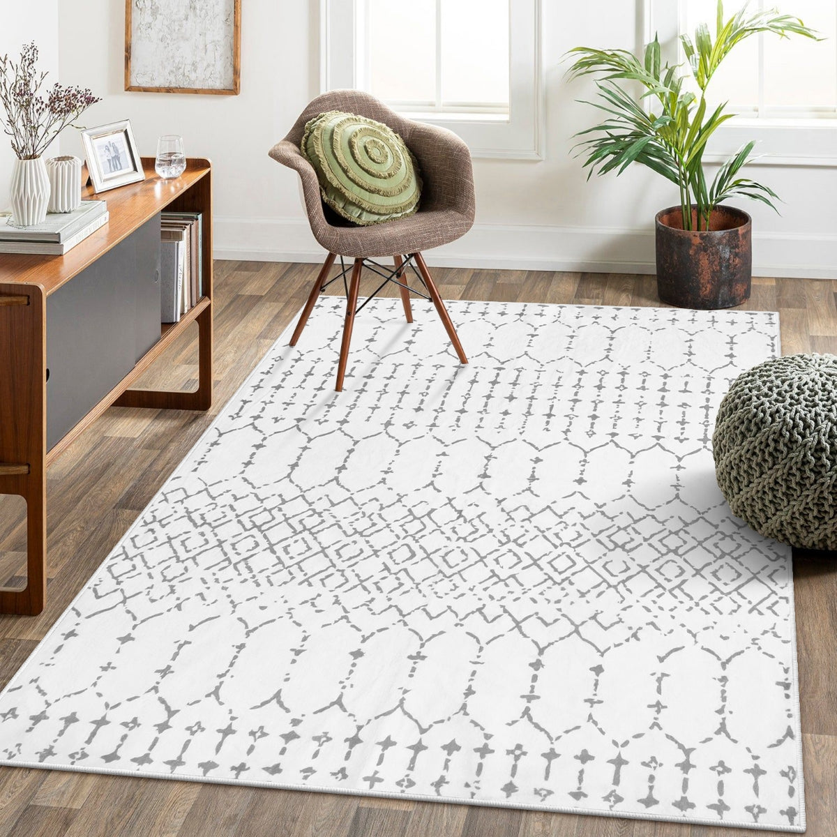 Hana Washable Moroccan Geometric White Area Rug Area Rugs Lahome 5' x 7'