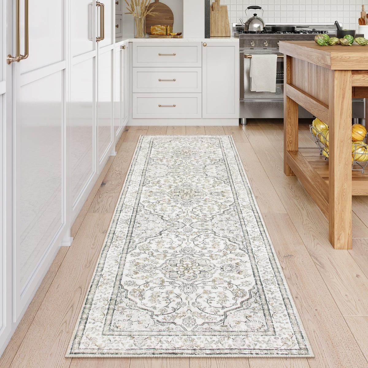 Helena Washable Traditional Oriental Floral Medallion Beige Rug Area Rugs Lahome 2'5" x 8'