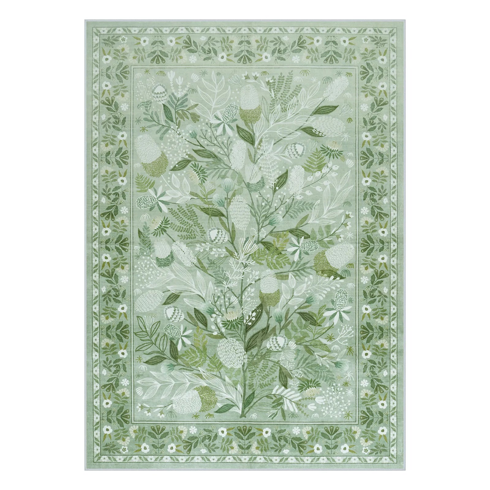 Alma Washable Modern Natural Botanical Floral Light Green Rug Area Rugs Lahome