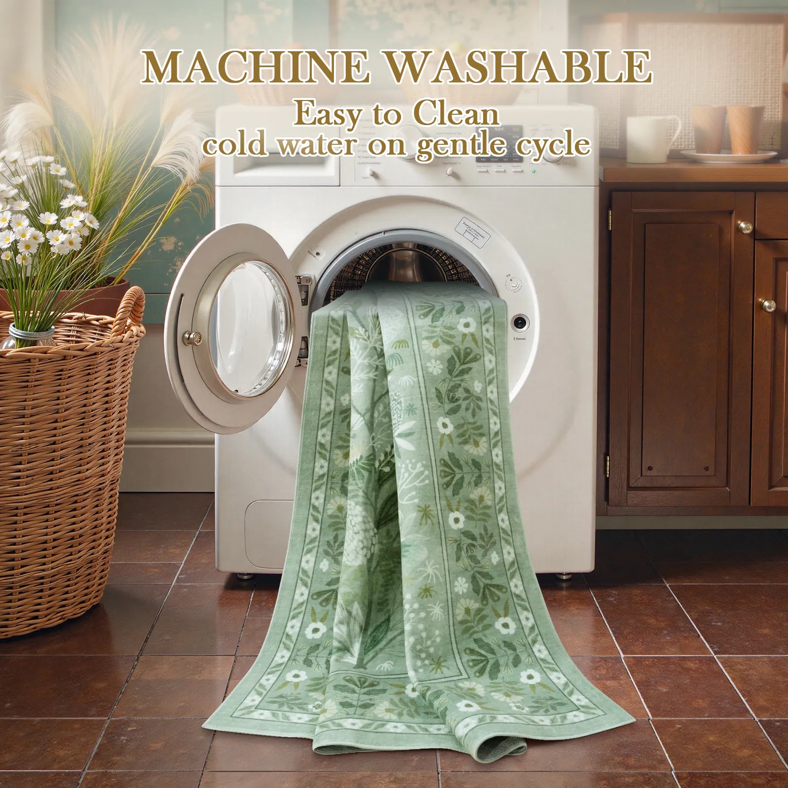 Alma Washable Modern Natural Botanical Floral Light Green Rug Area Rugs Lahome