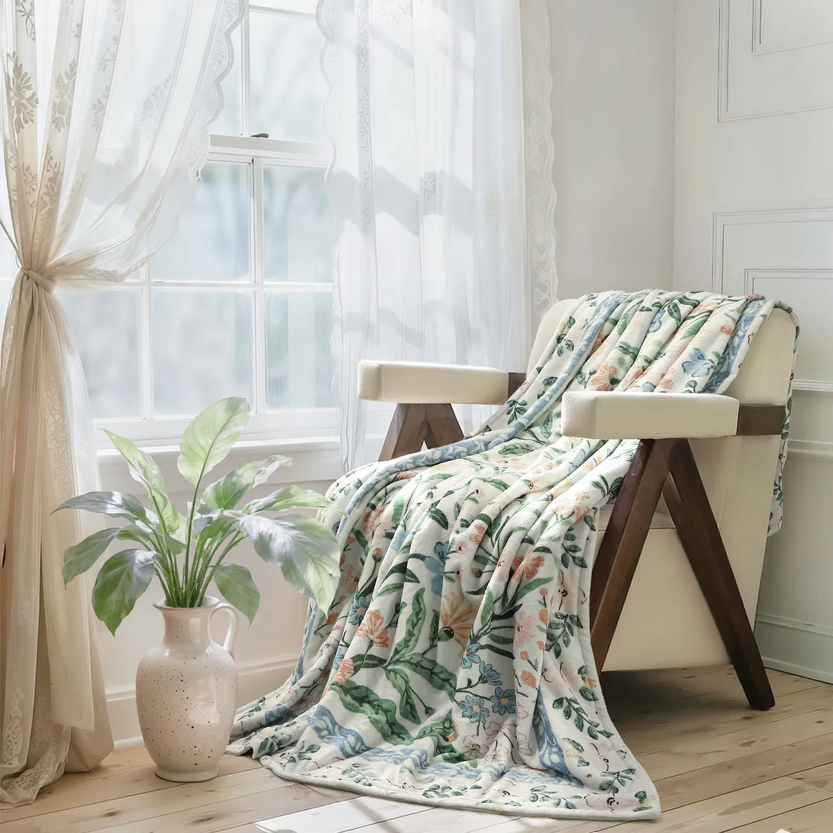 Beline Washable Boho Modern Garden Floral Green Throw Blanket Blanket Lahome