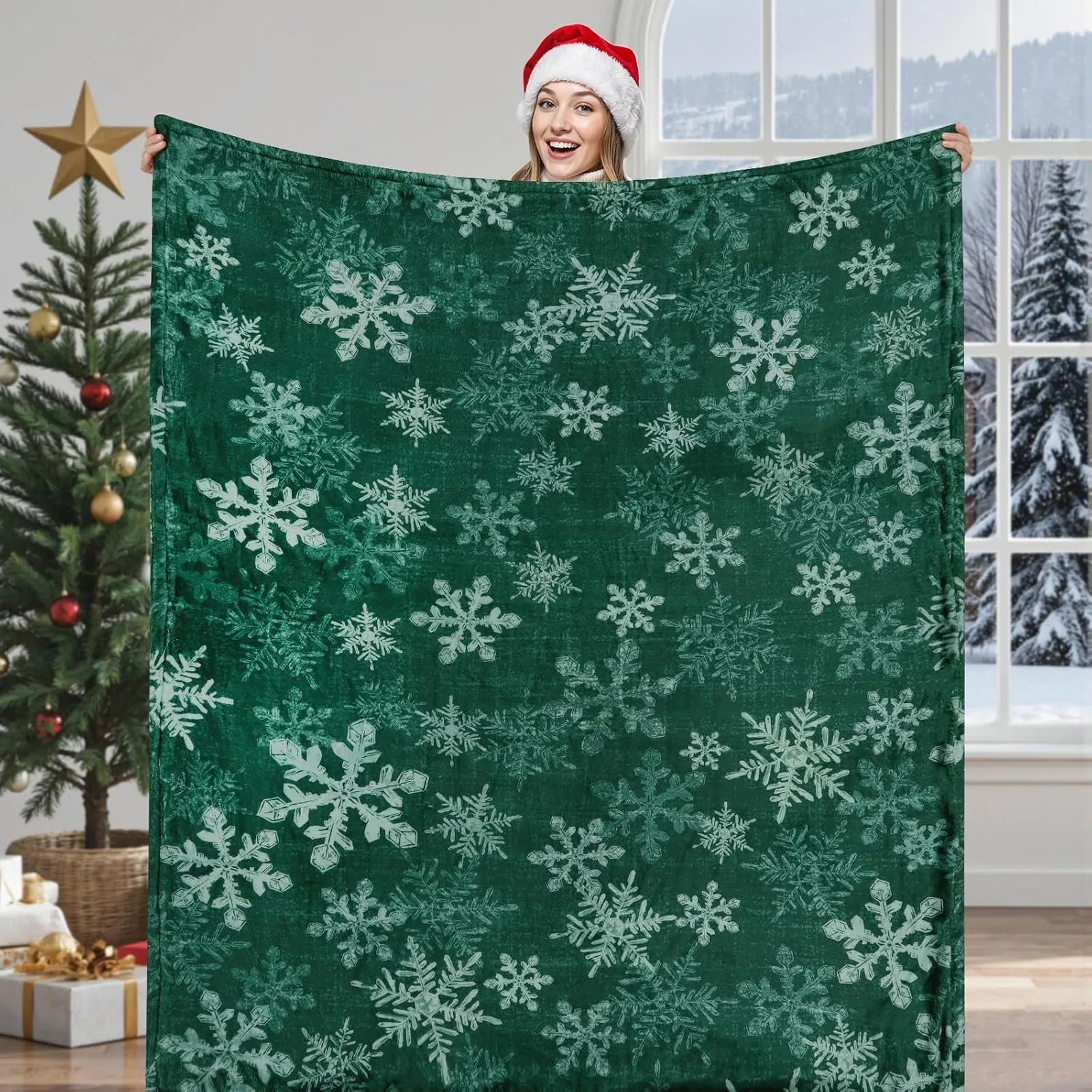 Blaise Christmas Washable Snowflake Green Blanket Blanket Lahome