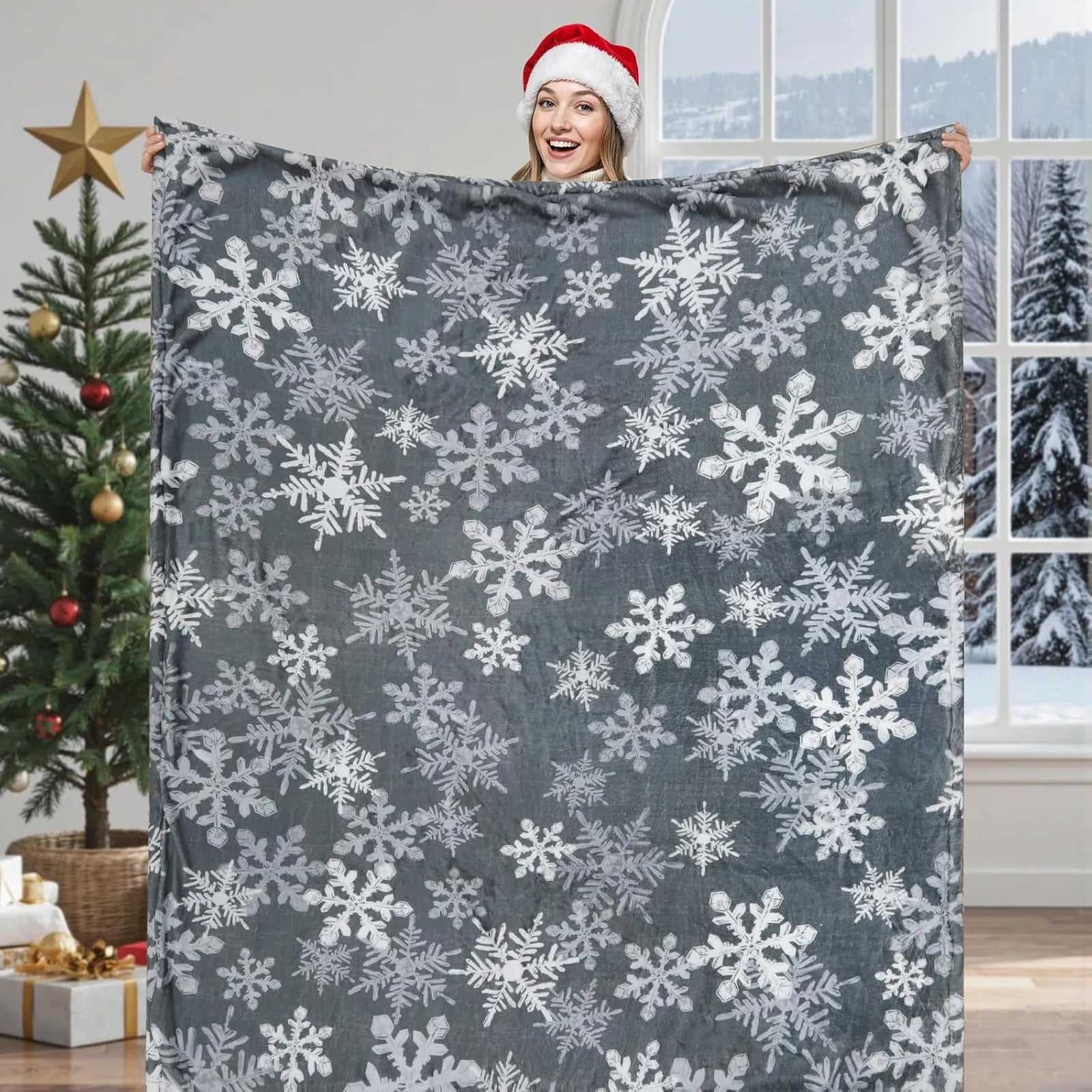 Blaise Christmas Washable Snowflake Grey Blanket Blanket Lahome