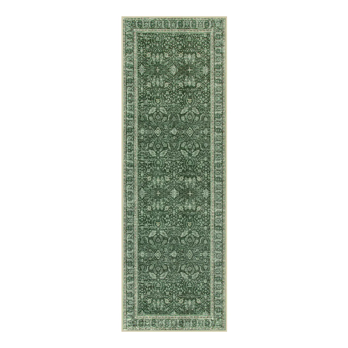 Odette Washable Boho Vintage Border Floral Green Runner Rug Runner Rug Lahome