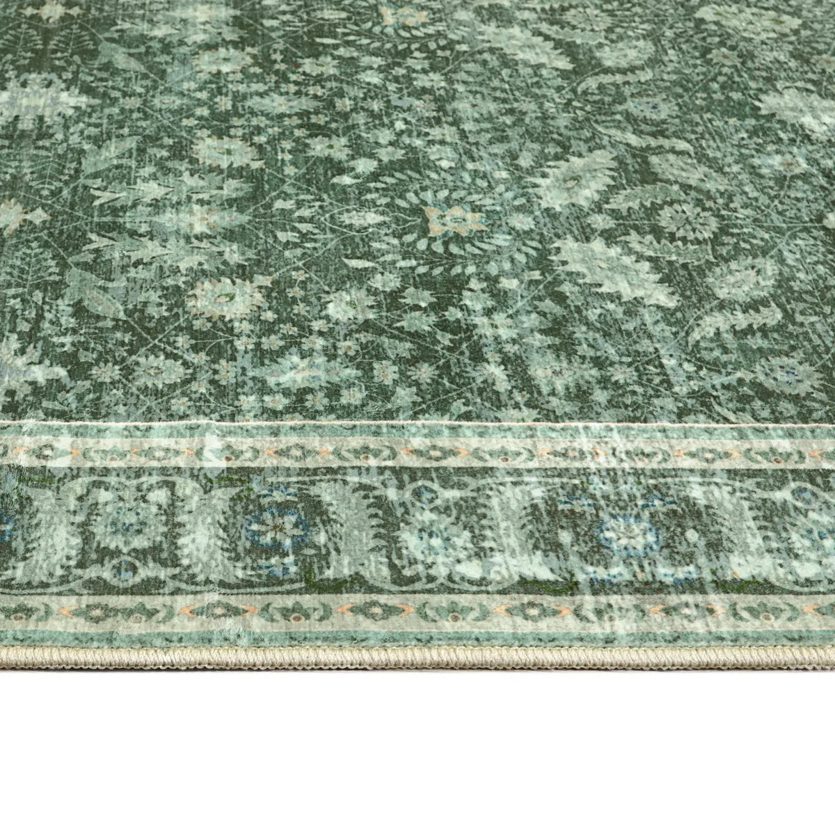 Odette Washable Boho Vintage Border Floral Green Runner Rug Runner Rug Lahome