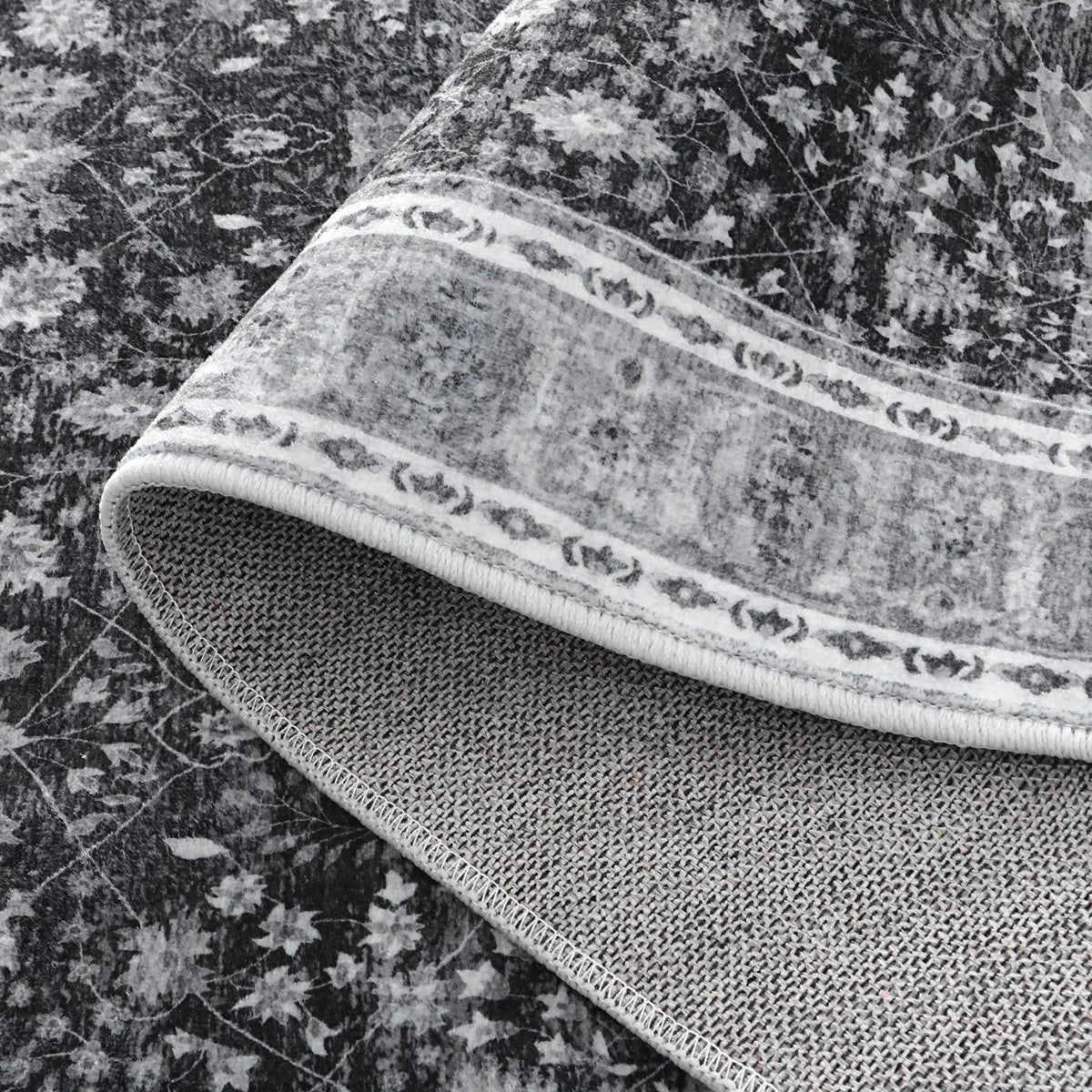 Odette Washable Boho Vintage Border Floral Grey Runner Rug Clearance Rugs Lahome