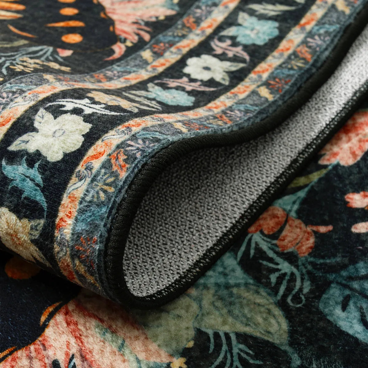 Leonie Washable Butterfly Floral Blossom Black Rug Area Rugs Lahome
