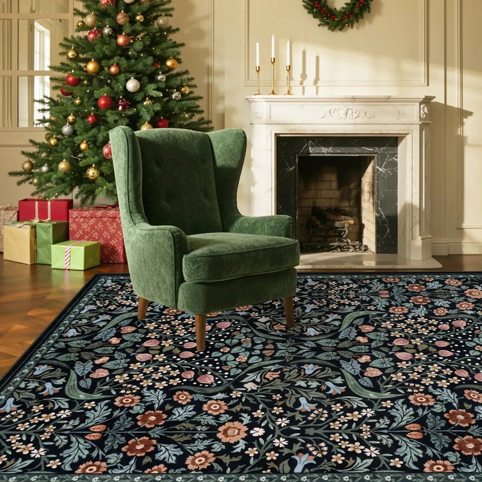 Claude Washable Maximalism Vibrant Blossom Floral Black Rug Area Rugs Lahome