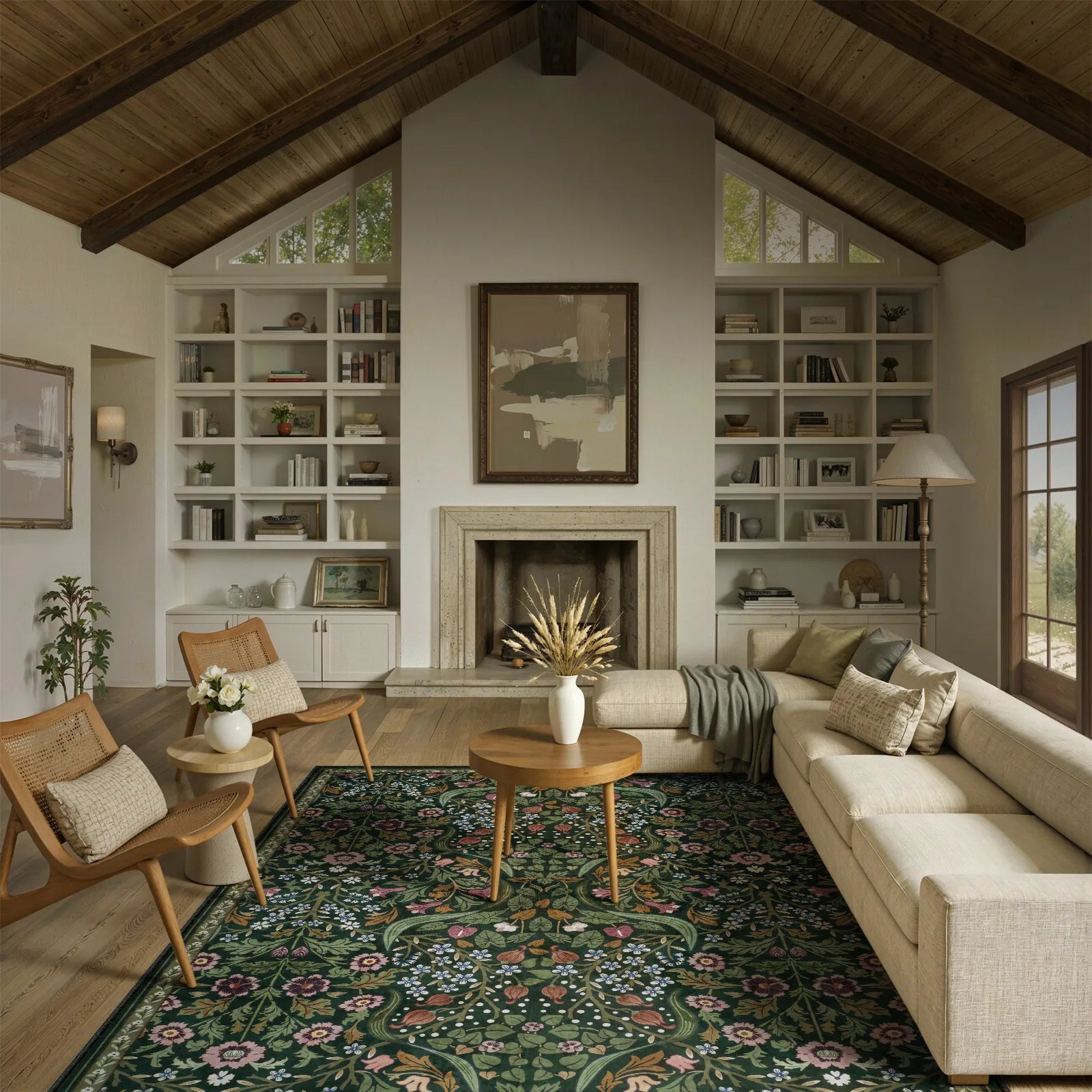 Claude Washable Maximalism Vibrant Blossom Floral Dark Green Rug Area Rugs Lahome 8' x 10'