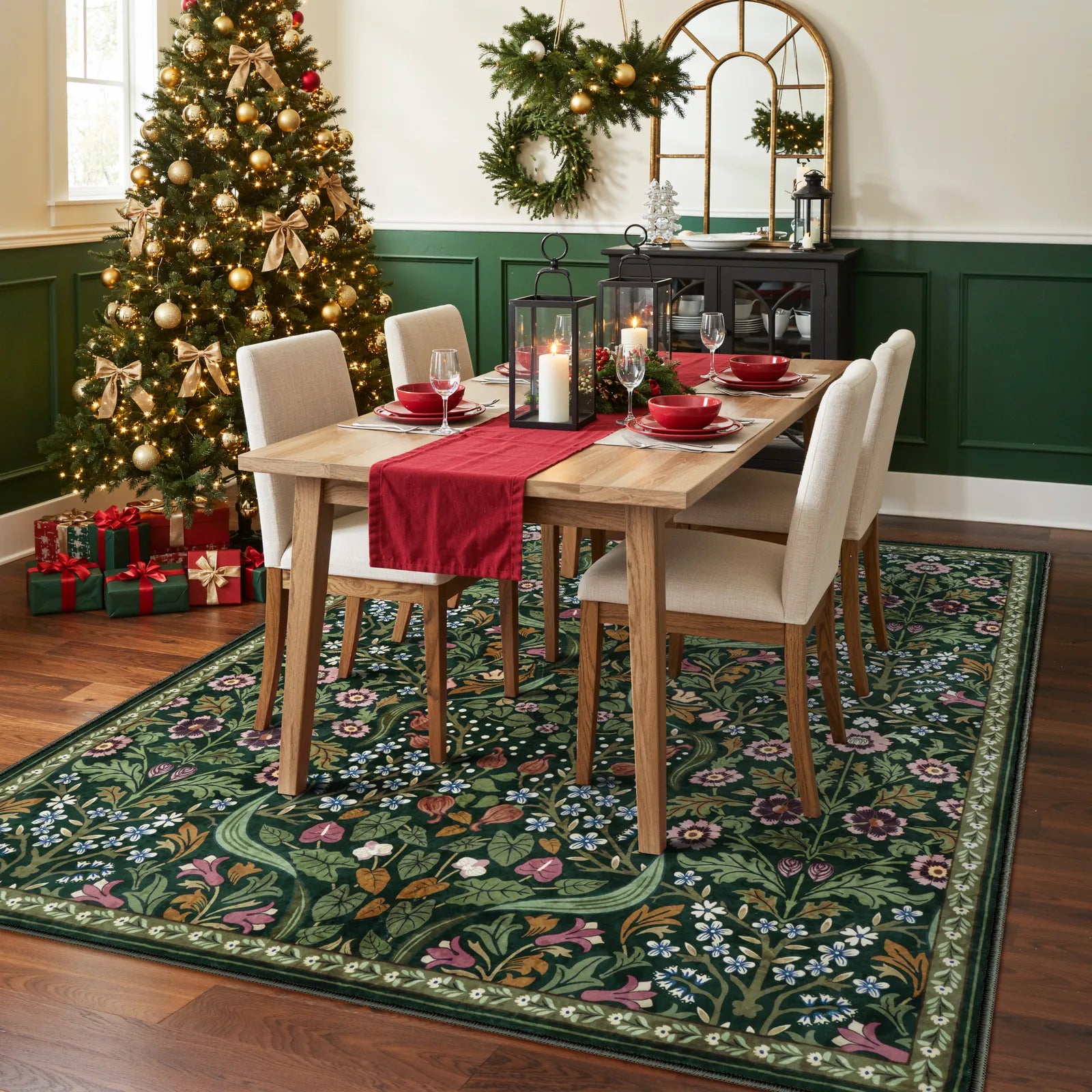 Claude Washable Maximalism Vibrant Blossom Floral Dark Green Rug Area Rugs Lahome