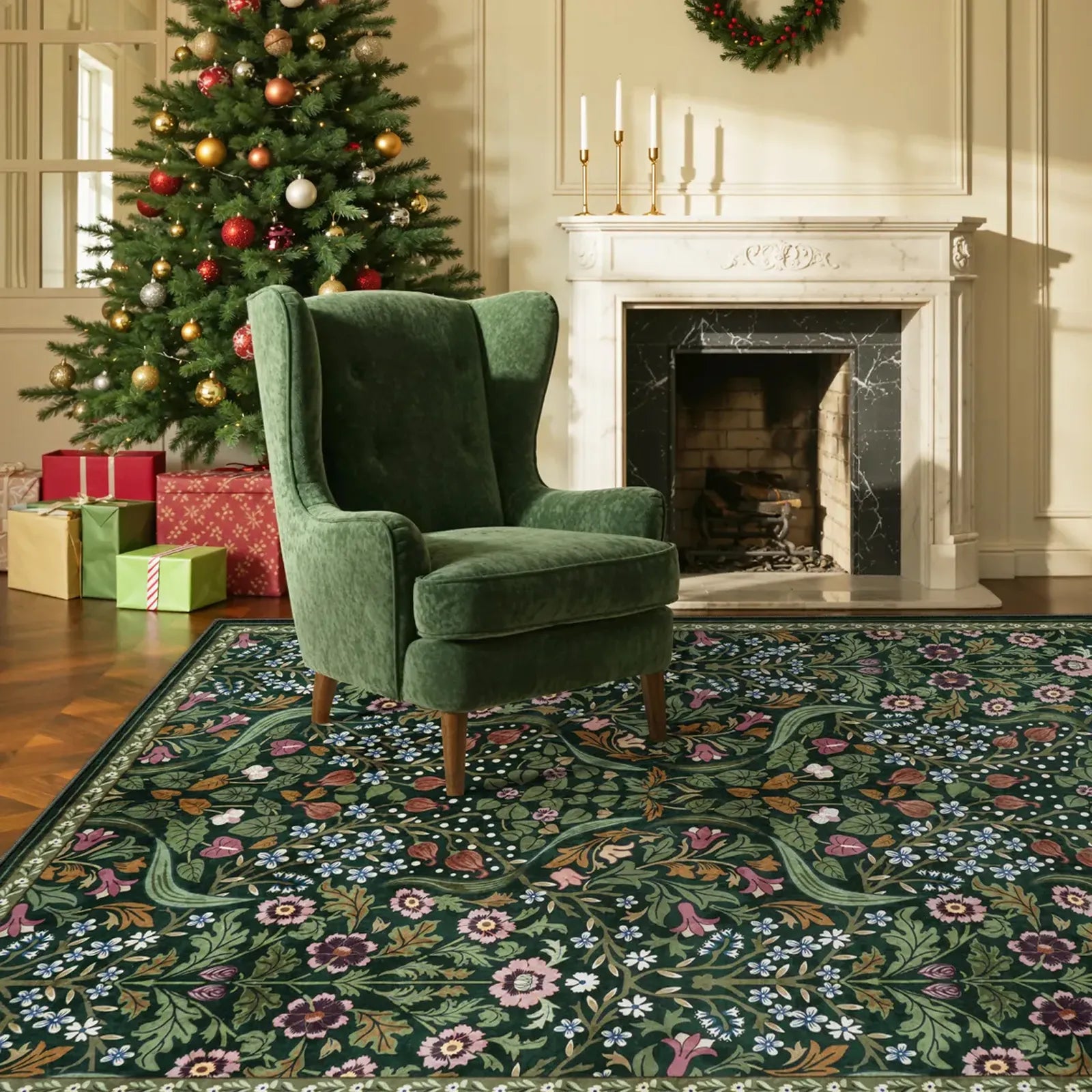 Claude Washable Maximalism Vibrant Blossom Floral Dark Green Rug Area Rugs Lahome