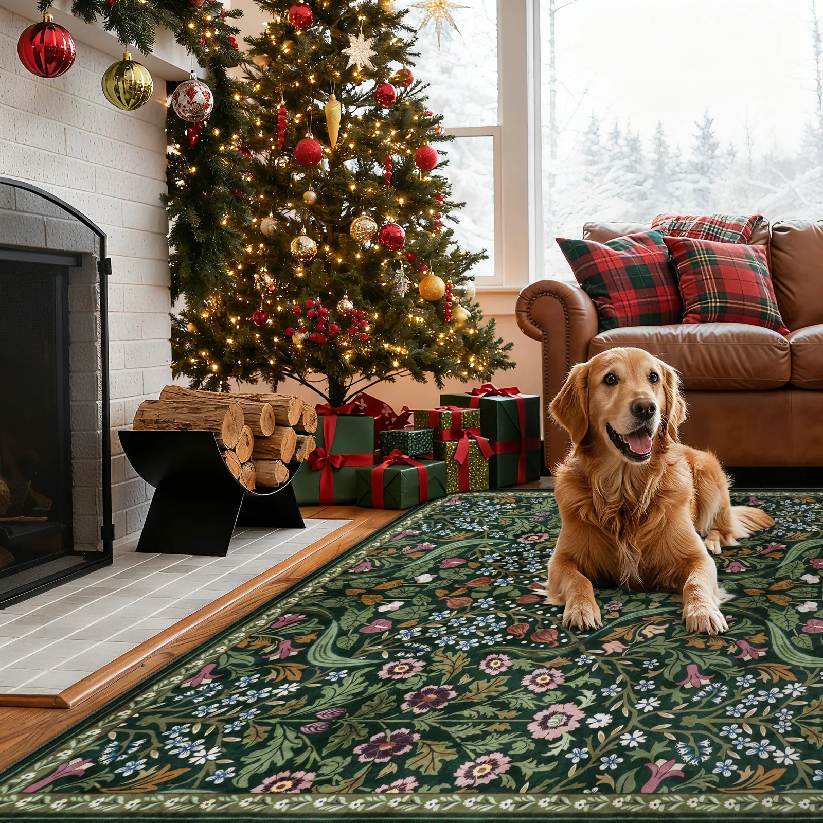 Claude Washable Maximalism Vibrant Blossom Floral Dark Green Rug Area Rugs Lahome