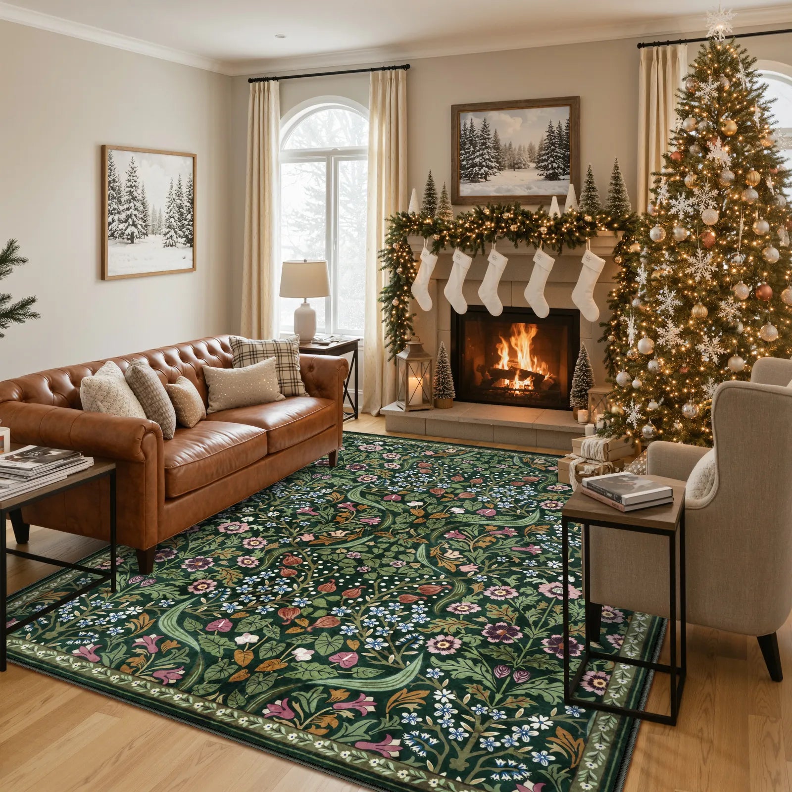 Claude Washable Maximalism Vibrant Blossom Floral Dark Green Rug Area Rugs Lahome