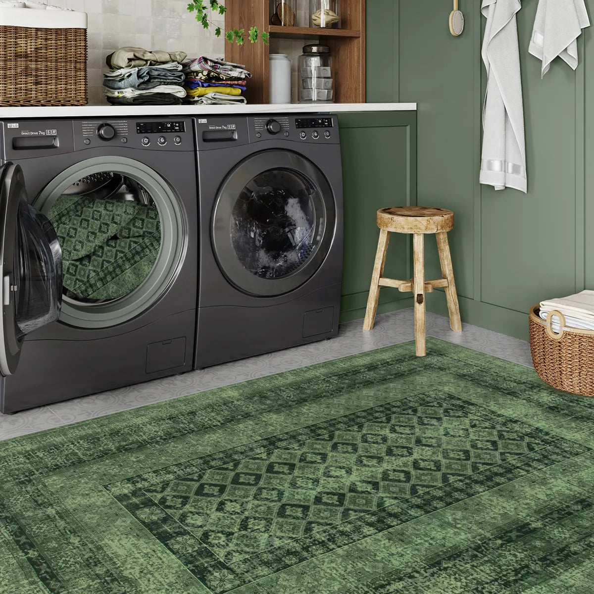 Daisy Washable Vintage Farmhouse Distressed Green Rug Area Rugs Lahome