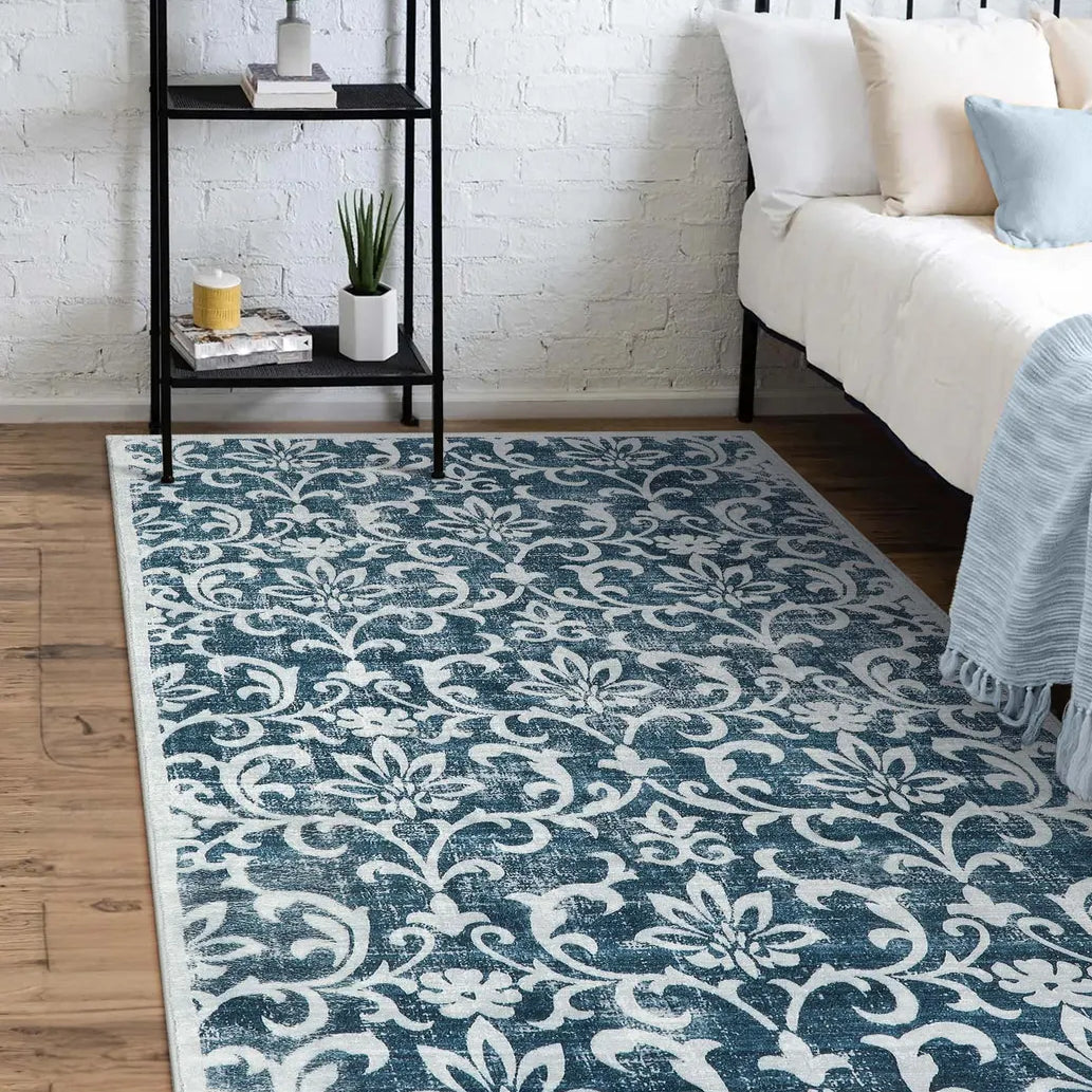 Giselle Washable Distressed Vintage Floral Mineral Blue Rug Clearance Rugs Lahome 3' x 5'