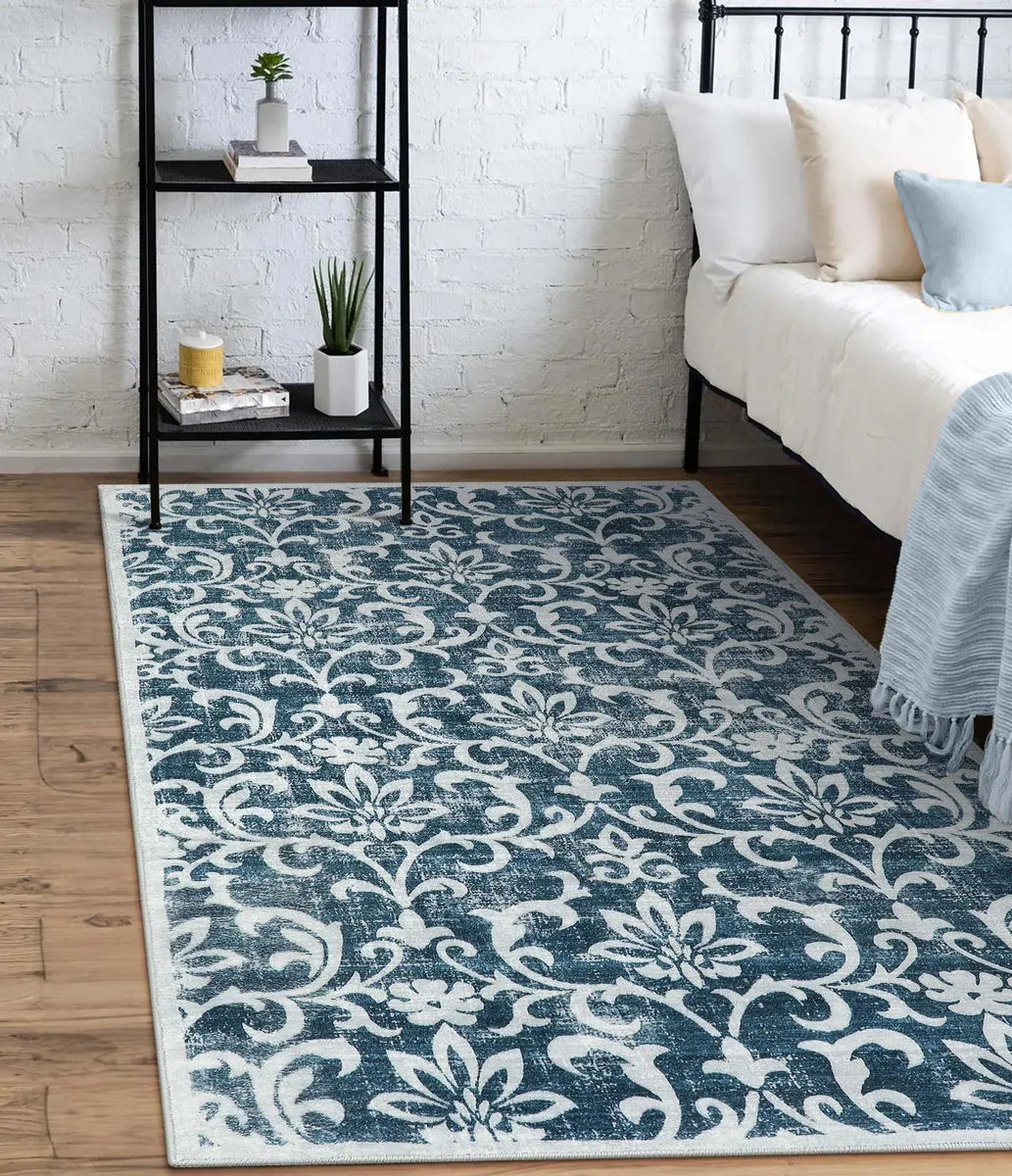 Giselle Washable Distressed Vintage Floral Mineral Blue Rug Clearance Rugs Lahome 3' x 5'