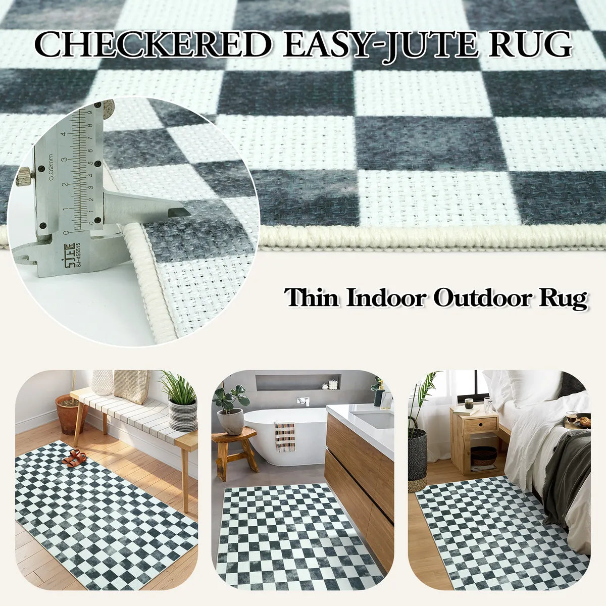 Eclat Washable Check Soft Easy Jute Black/White Indoor/Outdoor Rug Easy Jute Rug Lahome