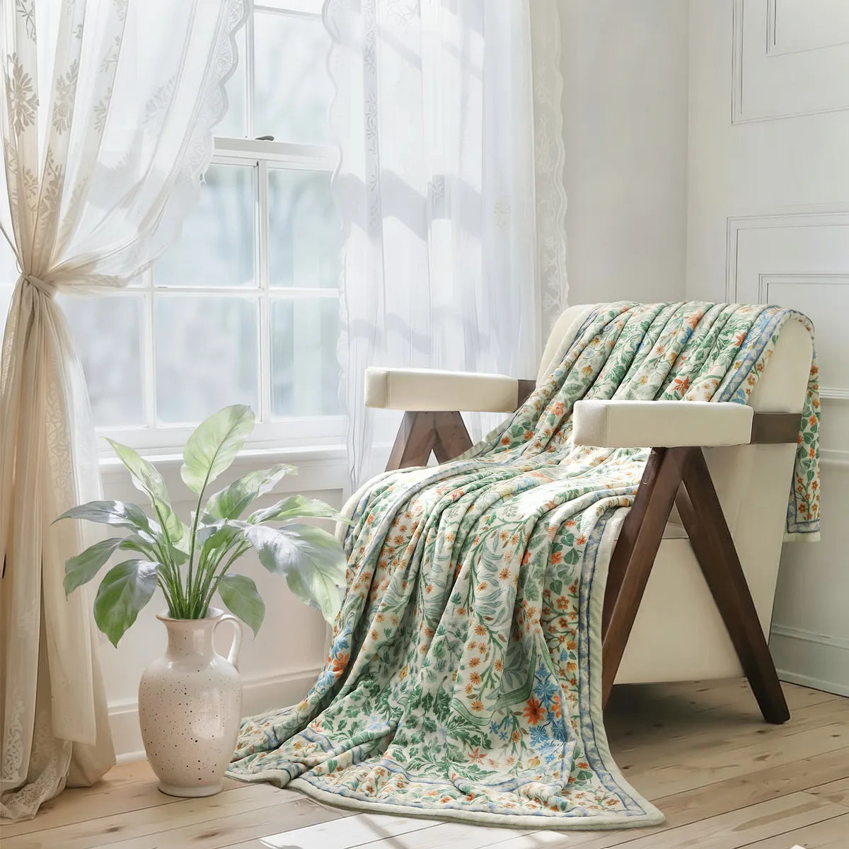 Elarin Washable Maximalism Vintage French Floral Green Throw Blanket Blanket Lahome